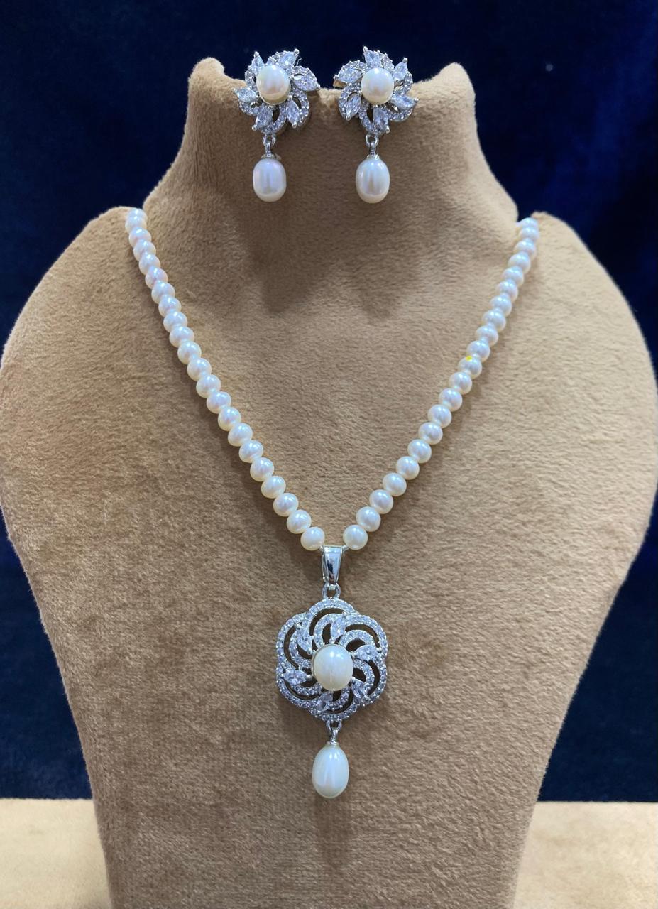Anvaya Freshwater Pearl Necklace & Earrings Set - Silver Plated