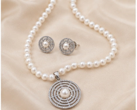 Round White Hand crafted Genuine Fresh Water Pearl Necklace and Earrings Set