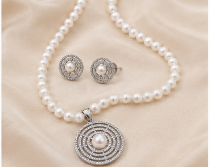 Round White Hand crafted Genuine Fresh Water Pearl Necklace and Earrings Set