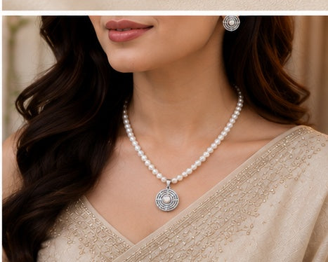 Round White Hand crafted Genuine Fresh Water Pearl Necklace and Earrings Set