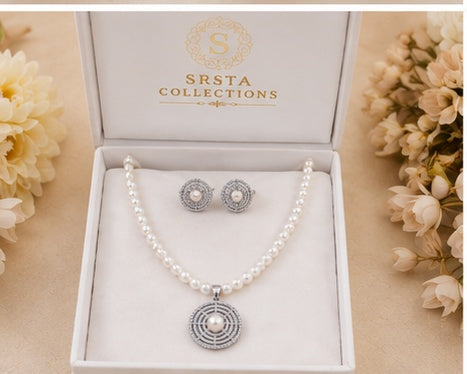 Round White Hand crafted Genuine Fresh Water Pearl Necklace and Earrings Set