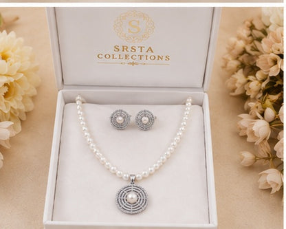 Round White Hand crafted Genuine Fresh Water Pearl Necklace and Earrings Set