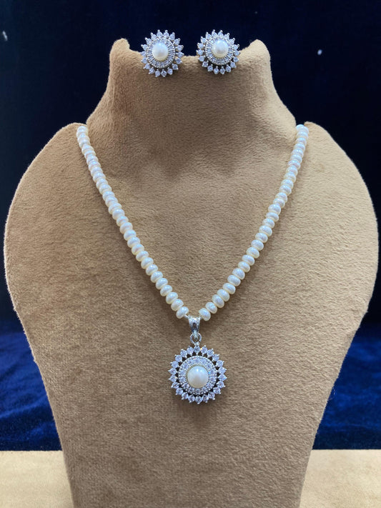 Avyaya Freshwater Pearl Necklace & Earrings Set - Silver Plated