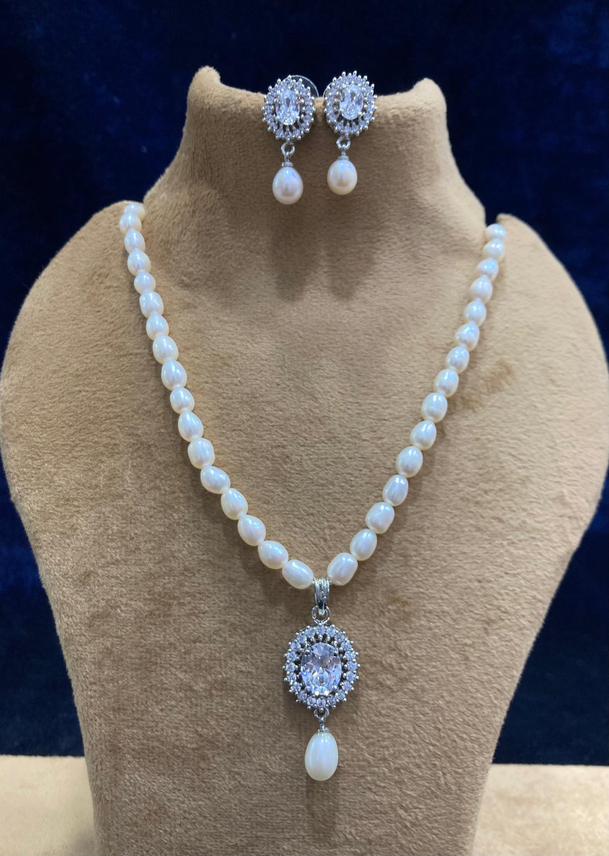Brahmi Freshwater Pearl Necklace & Earrings Set - Silver Plated
