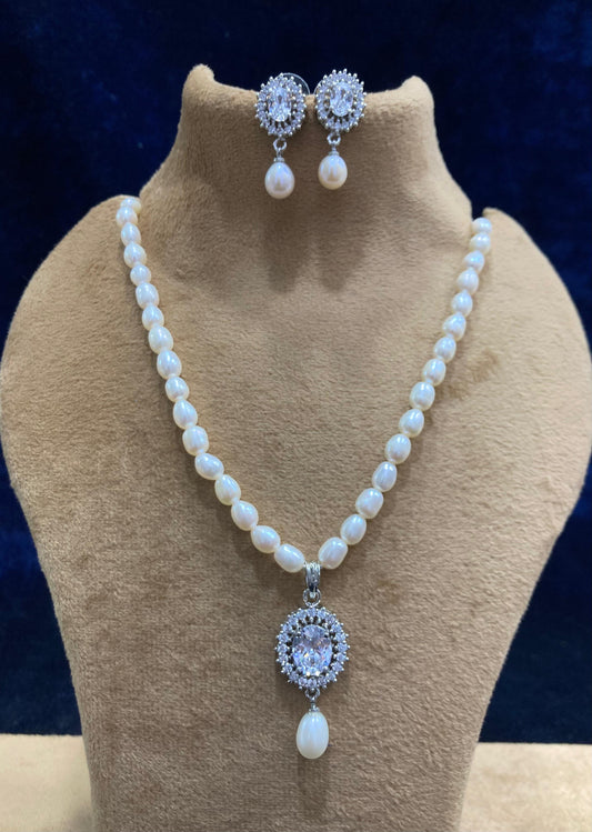Brahmi Freshwater Pearl Necklace & Earrings Set - Silver Plated