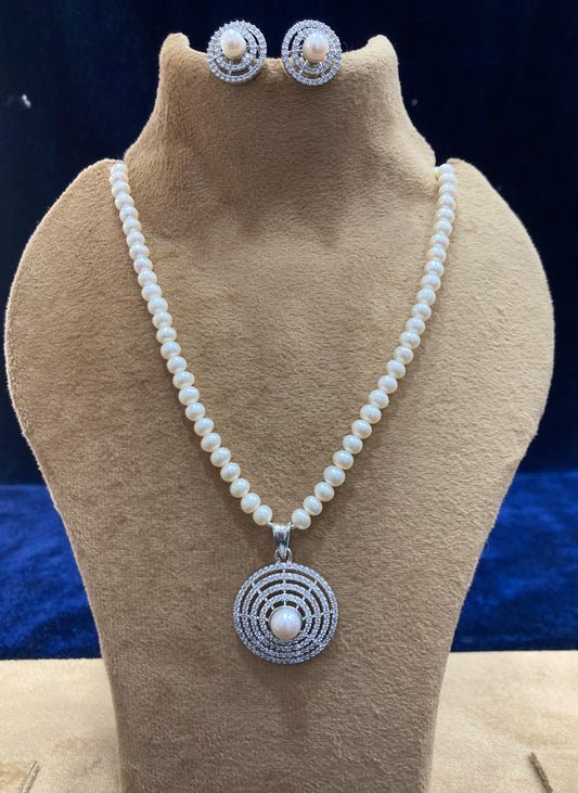 Amodini Freshwater Pearl Necklace & Earrings Set - Silver Plated